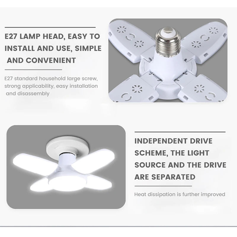 Lâmpada LED dobrável E27 de 28 W com ventilador