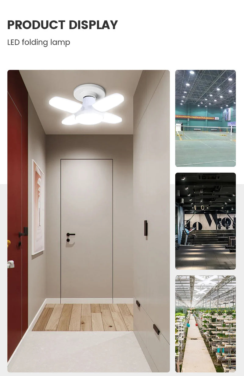 Lâmpada LED dobrável E27 de 28 W com ventilador