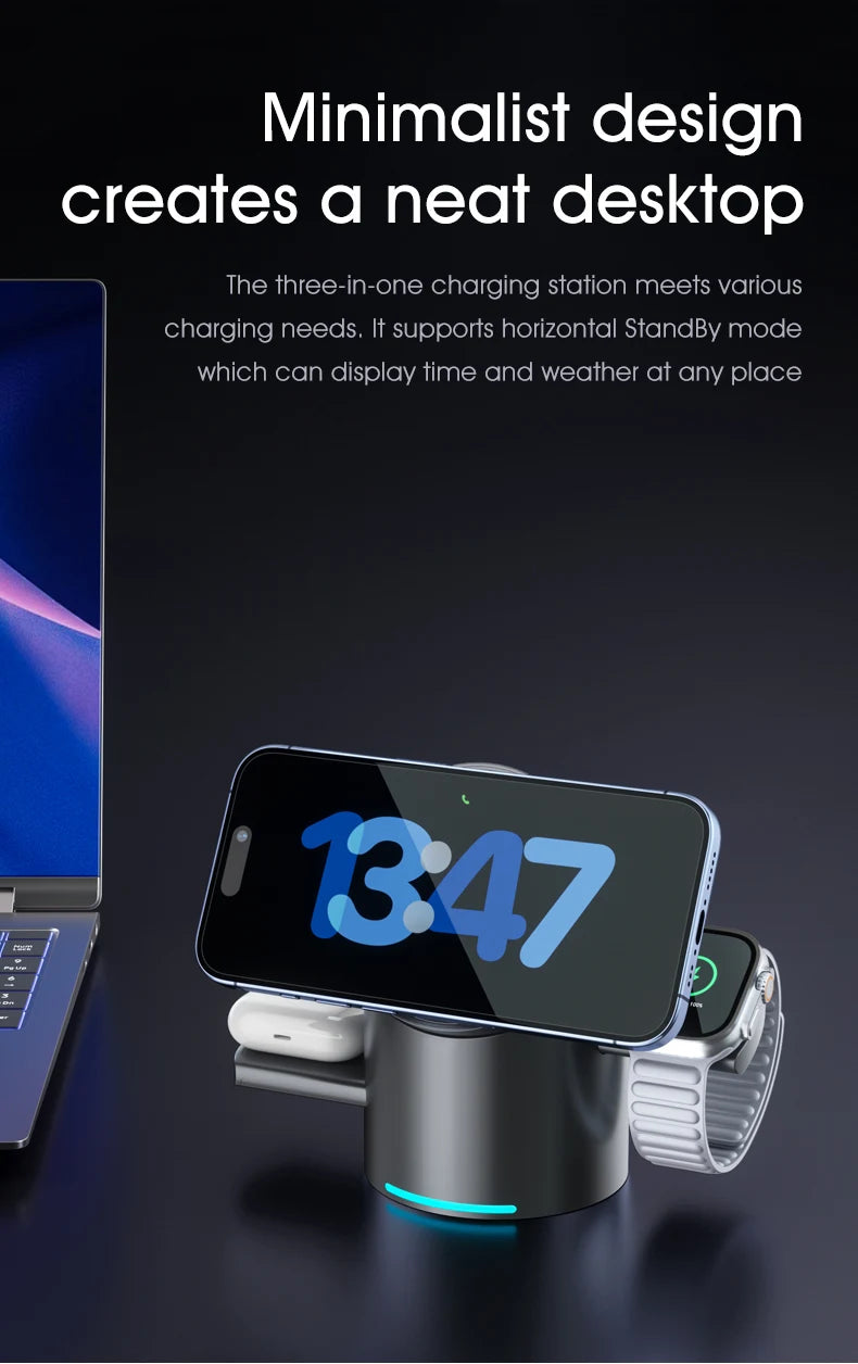 Carregador sem fio 3 em 1, Android, iPhone, iWatch e AirPods