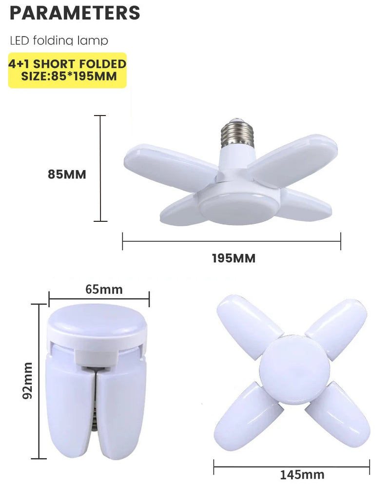 Lâmpada LED dobrável E27 de 28 W com ventilador