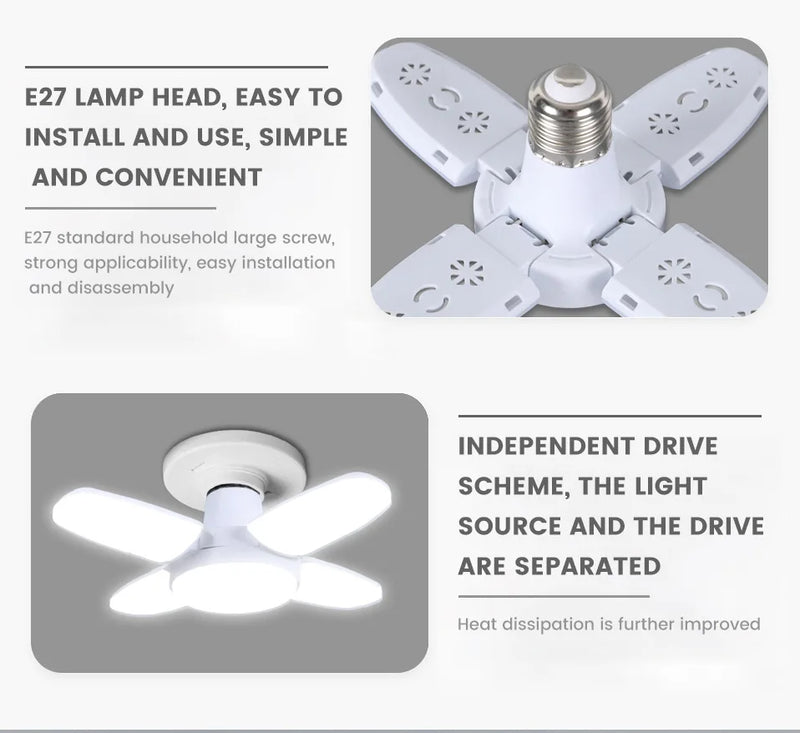 Lâmpada LED dobrável E27 de 28 W com ventilador