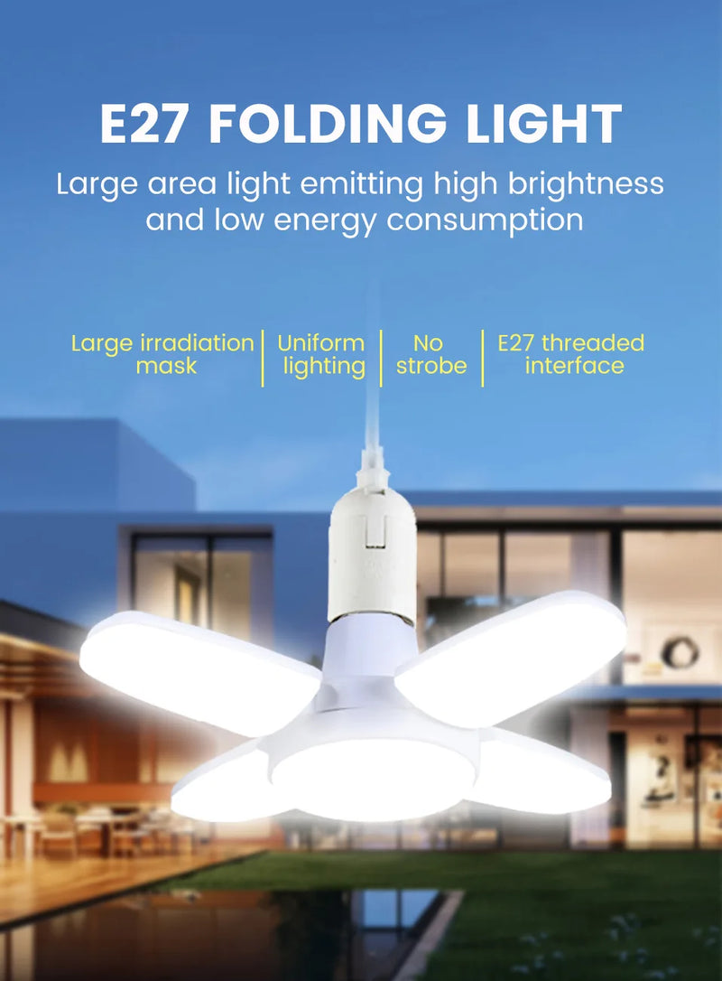 Lâmpada LED dobrável E27 de 28 W com ventilador