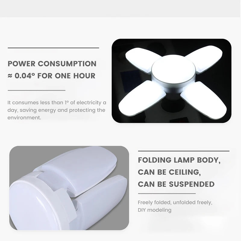 Lâmpada LED dobrável E27 de 28 W com ventilador