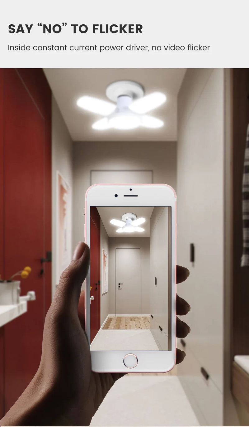 Lâmpada LED dobrável E27 de 28 W com ventilador